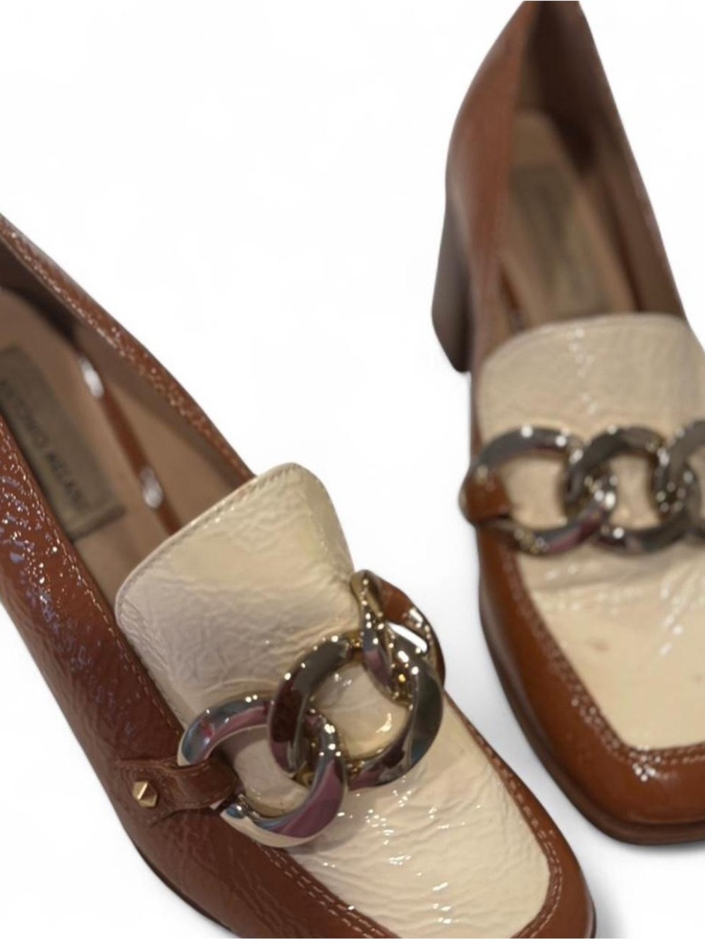 ANTONIO MELANI Brown and Cream Patent Loafers with Chain Detail